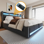 Upholstered Bed 180x200cm LED/USB Hydraulic Storage Linen Fabric Grey
