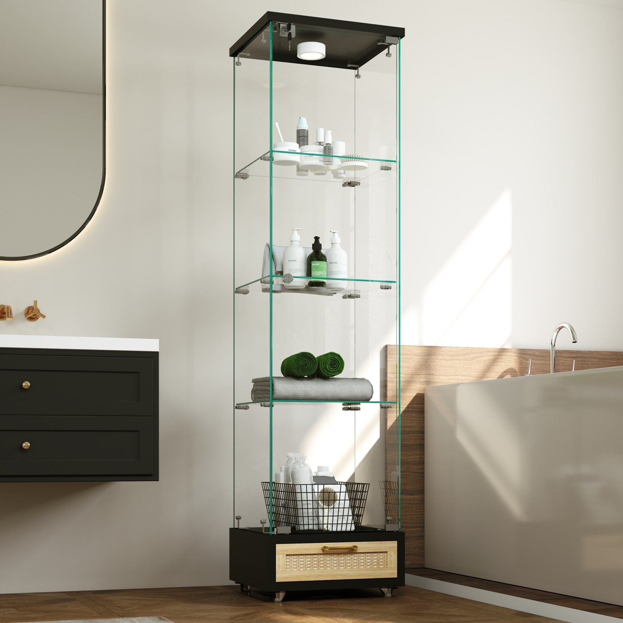 Glass Display Cabinet with LED Lighting, Drawers & Tempered Glass Shelves, H167cm Black