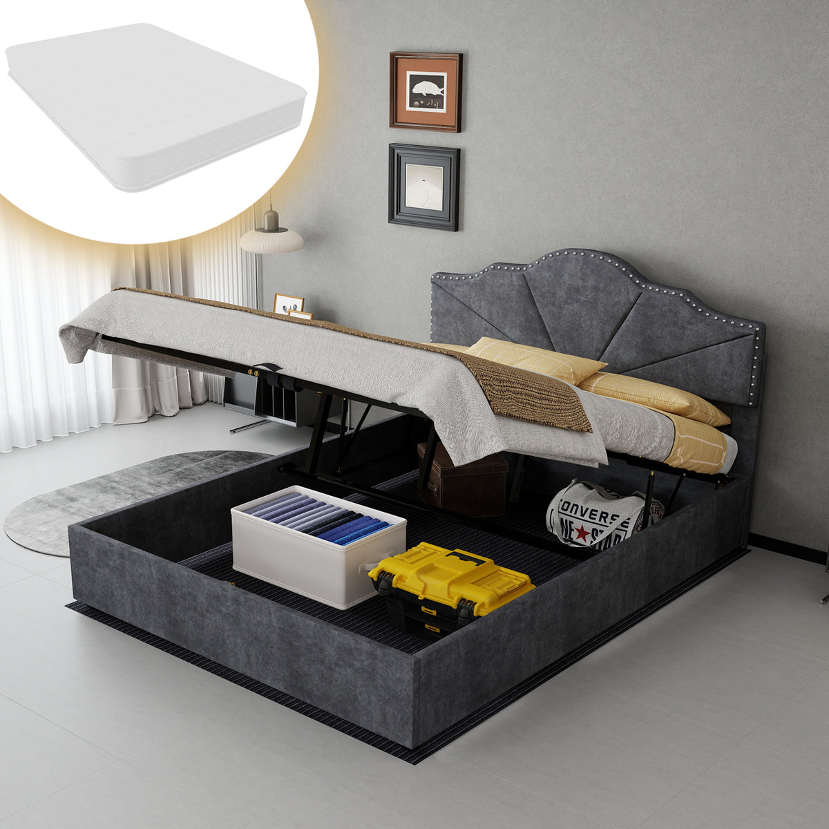 Modern Soft Bed 140x200cm with Mattress & Storage - Gray