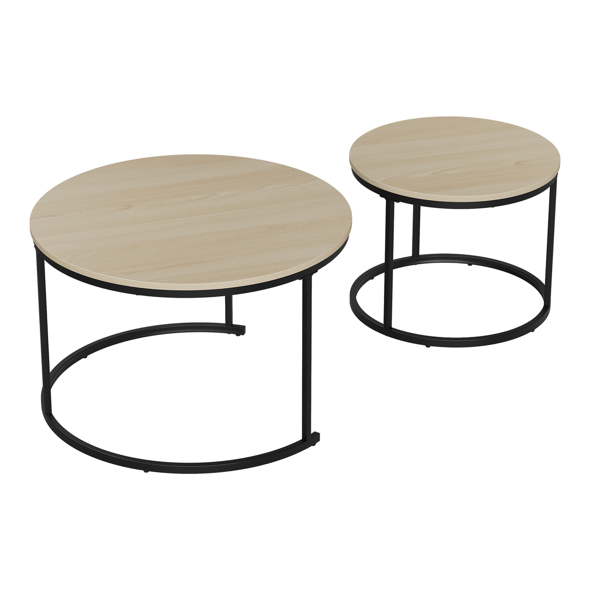 Nesting Coffee Table Set, Two-Piece Round 70cm Diameter with Metal Frame, Oak Wood Veneer