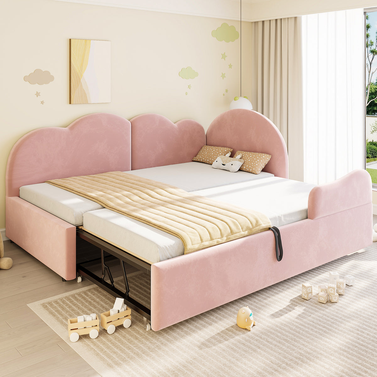 Extendable L-Shaped Sofa Bed with Cloud Headboard, Pink Velvet