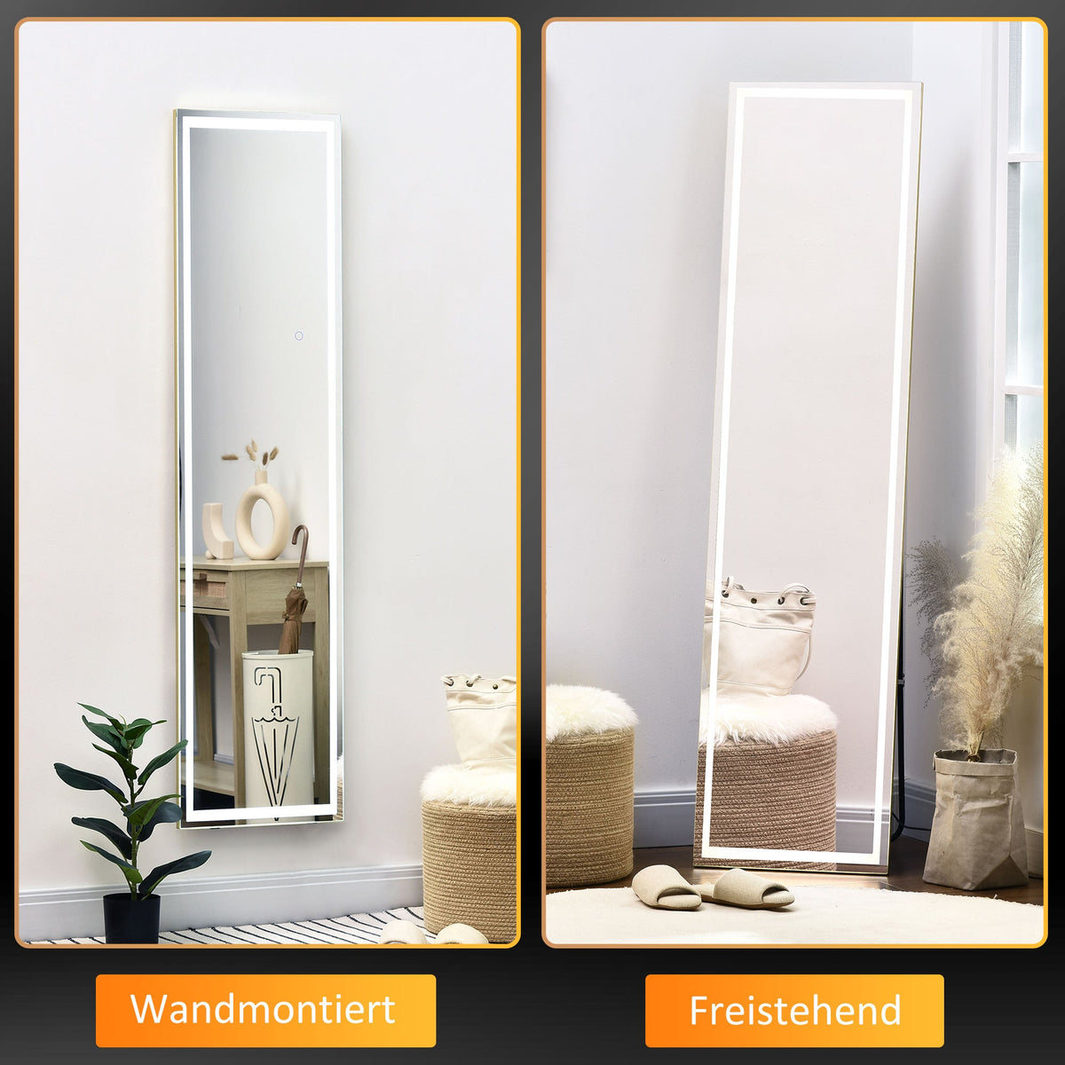 Wall Mirror, LED Standing Full Length, Aluminum Silver Gold