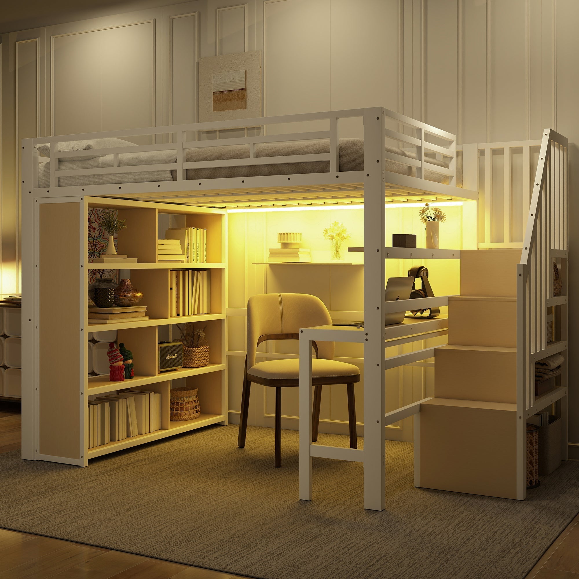 Loft Bed with Desk, Storage Staircase and LED Light Strip, 140x200cm, White Iron Frame