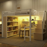 Loft Bed with Desk, Storage Staircase and LED Light Strip, 140x200cm, White Iron Frame