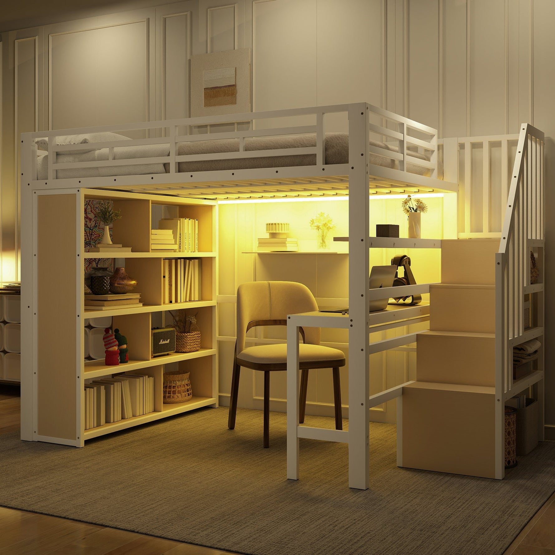 Loft Bed with Desk, Storage Staircase and LED Light Strip, 140x200cm, White Iron Frame