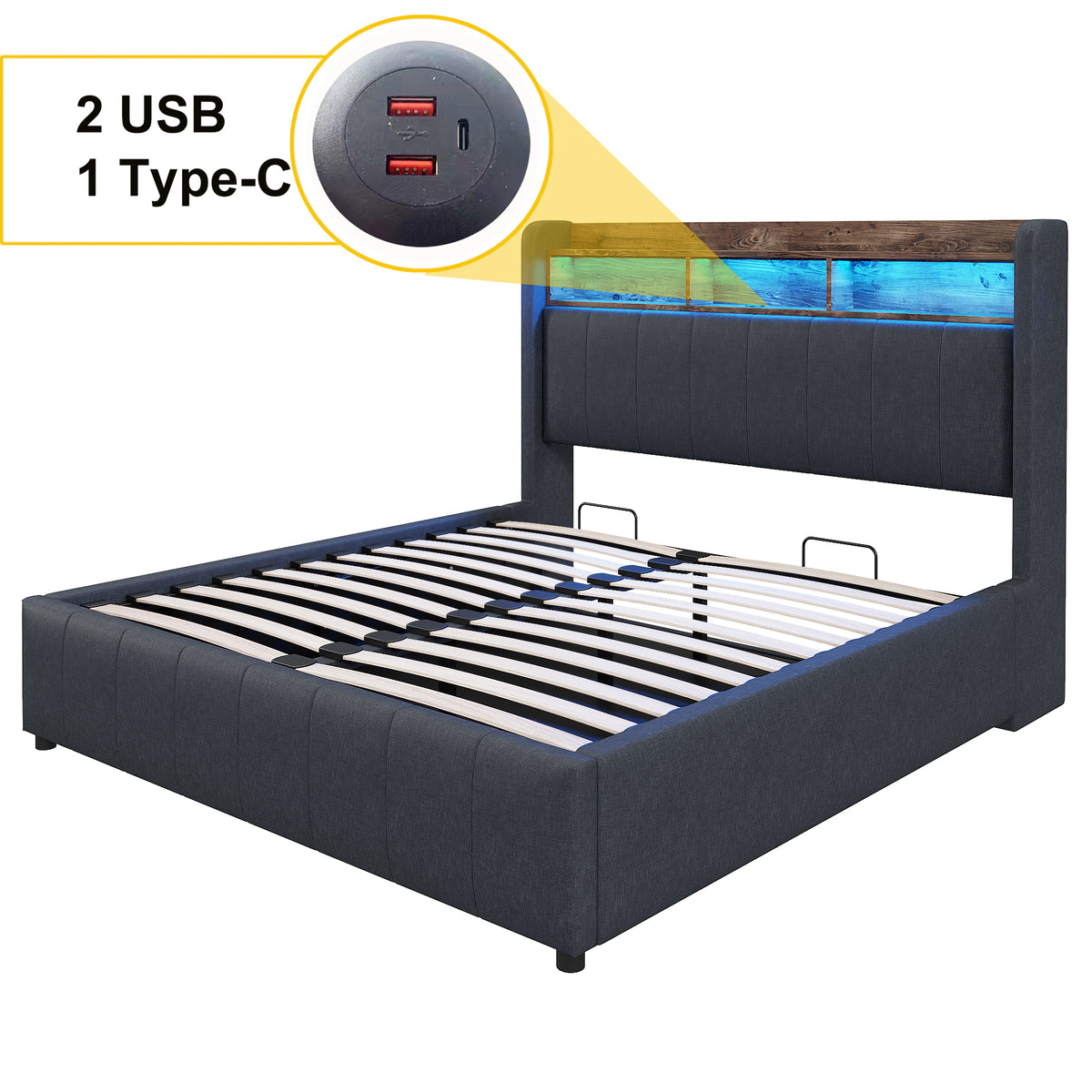 Upholstered Double Bed with USB & LED 180x200cm, Linen