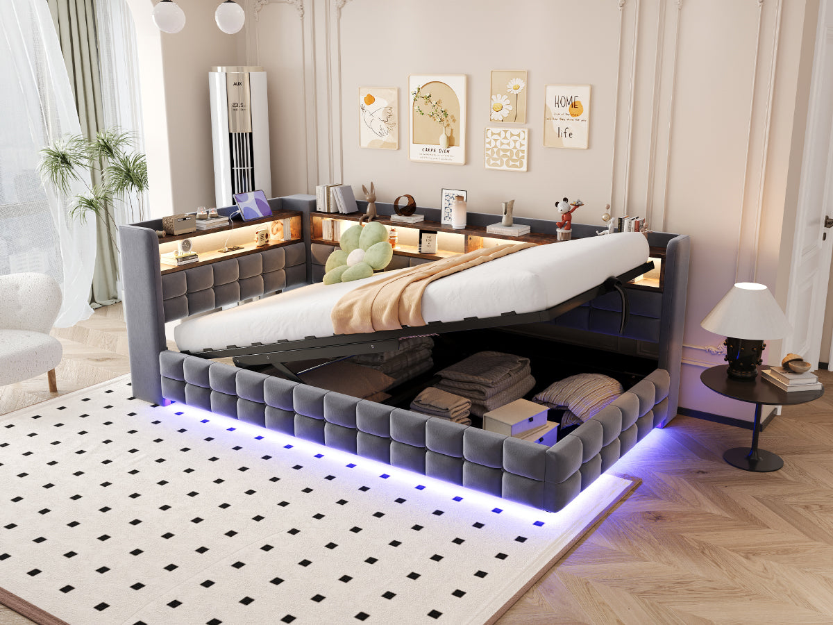 Upholstered Bed Set 180x200cm with Storage & Tables, Beige Velvet