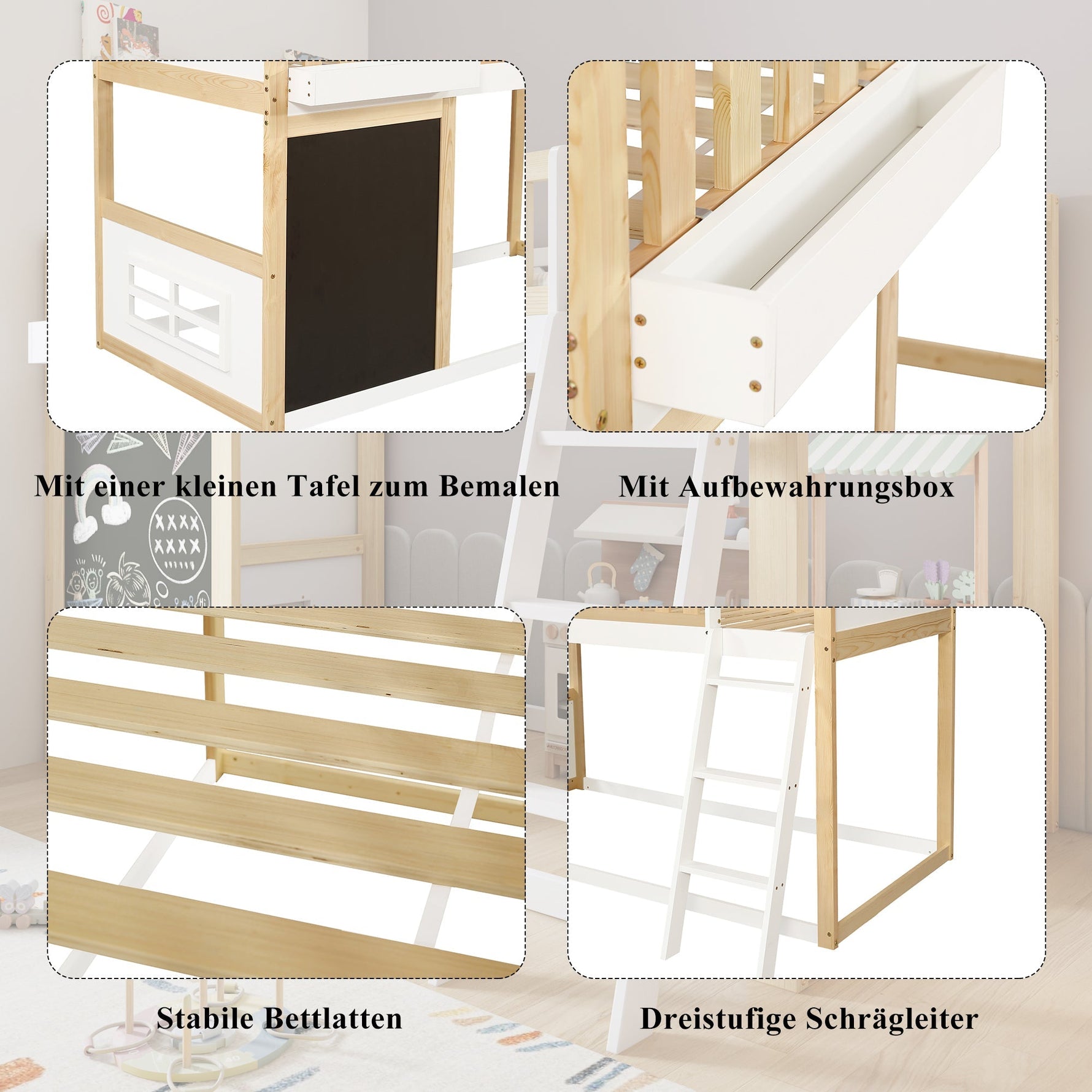 Bunk Bed Chalkboard Storage Safety Railing Pine + MDF White/Natural 90x200cm