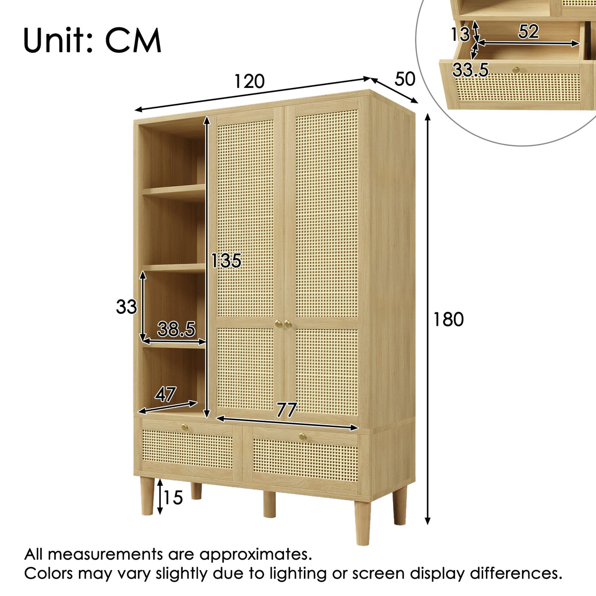 Wardrobe with 2 Doors, Rattan Weave, Shelves, Clothes Rail and 2 Drawers, Oak Look