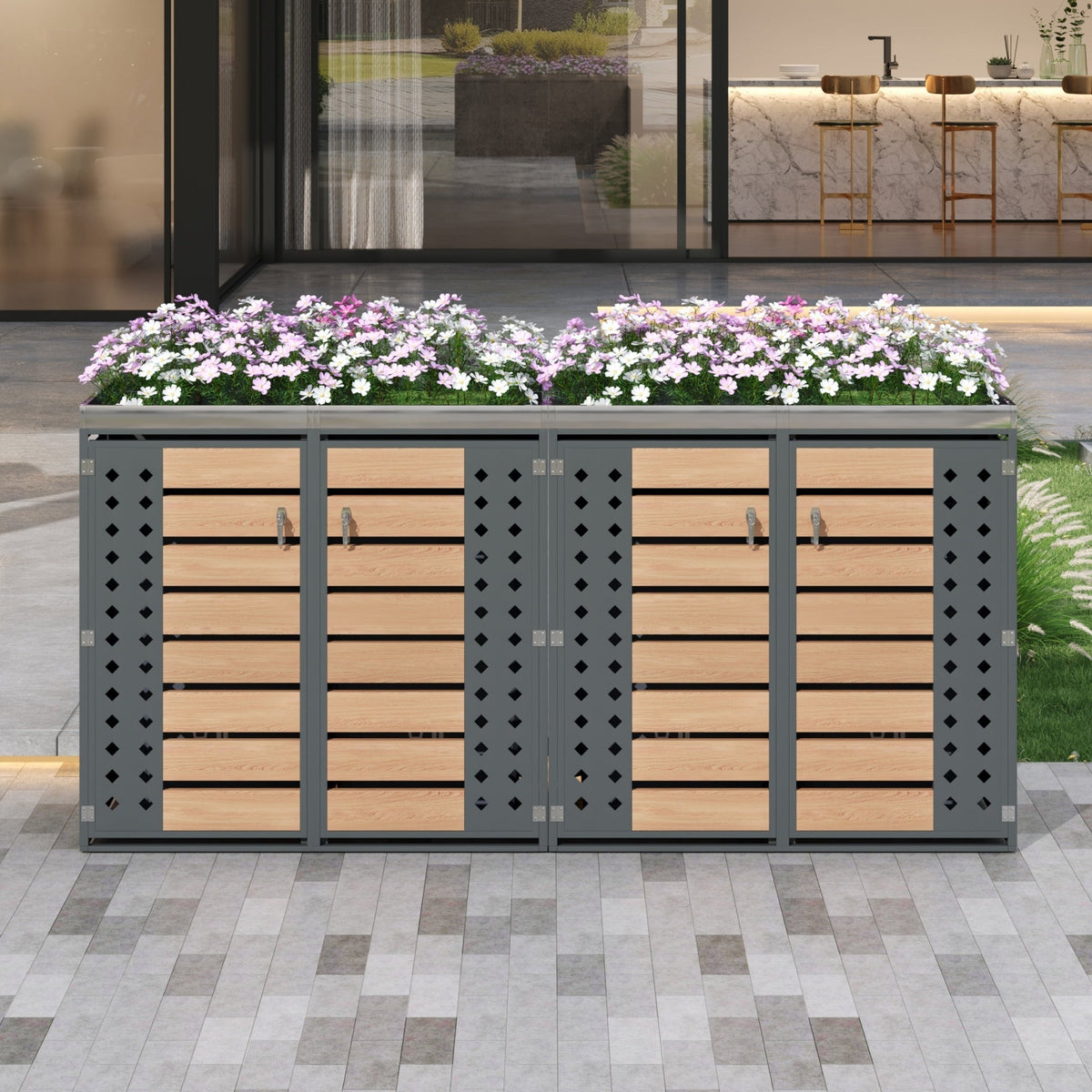 Garbage Can Enclosure with Lockable Four Doors and Planting Area, Horizontal Wood Grain Panels