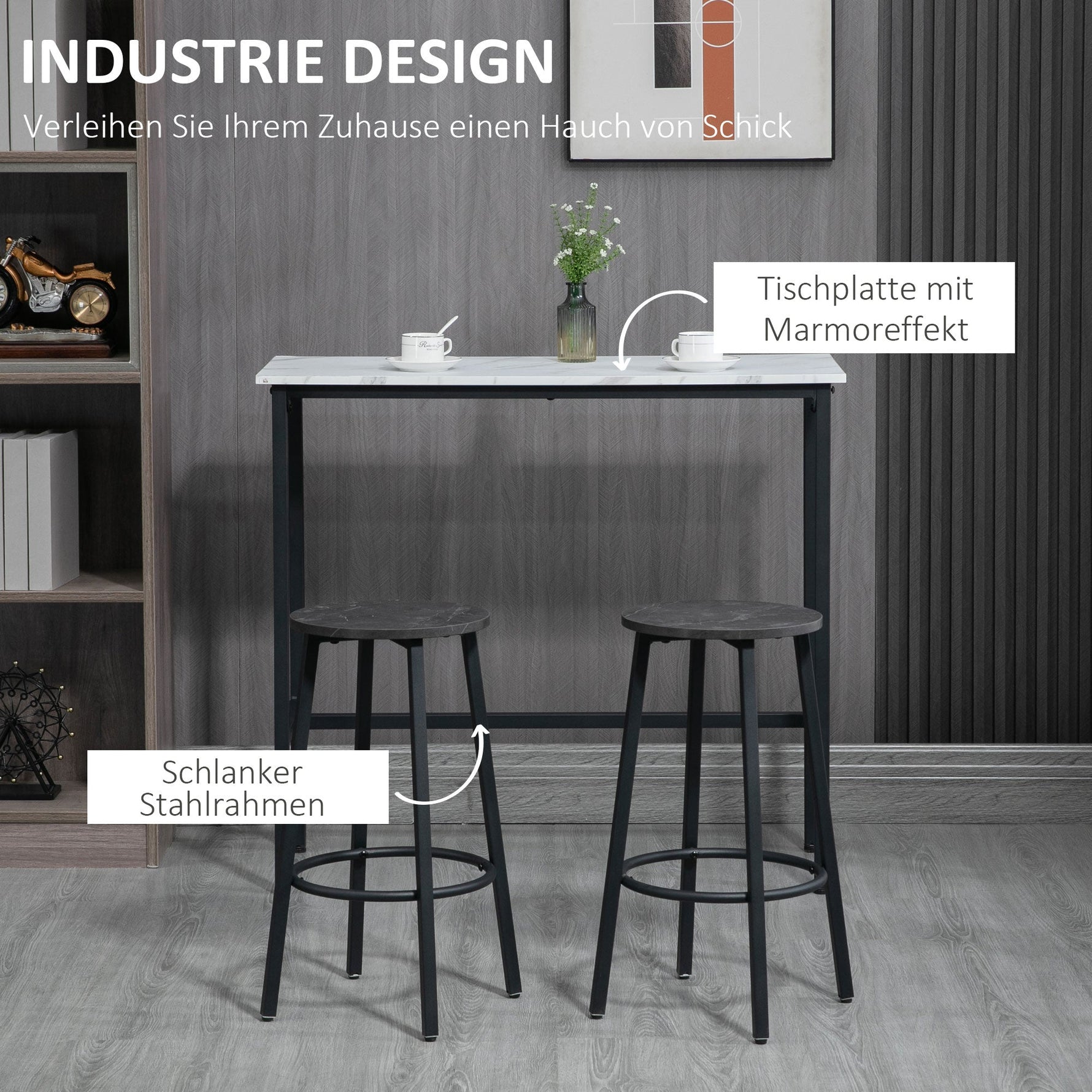 Bar Table & Bar Stool Set, 3-Piece Dining, Steel Black/White