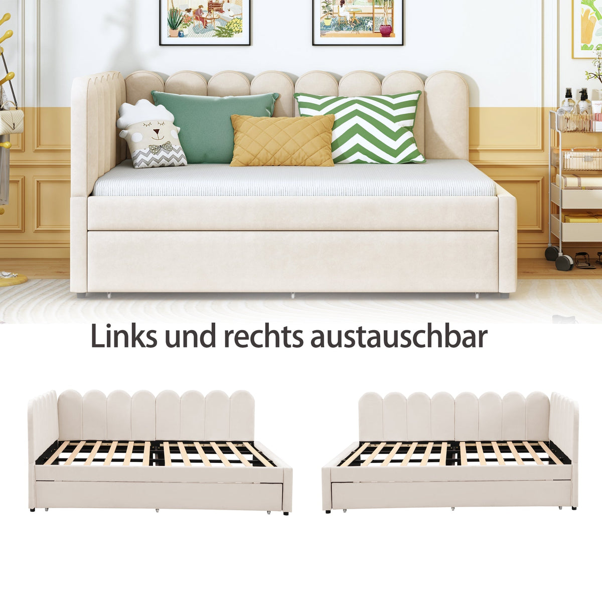 L-shaped Upholstered Bed, Sofa Bed 140x200 cm, Floral Backrest, Pull-Out Bed, Beige Velvet