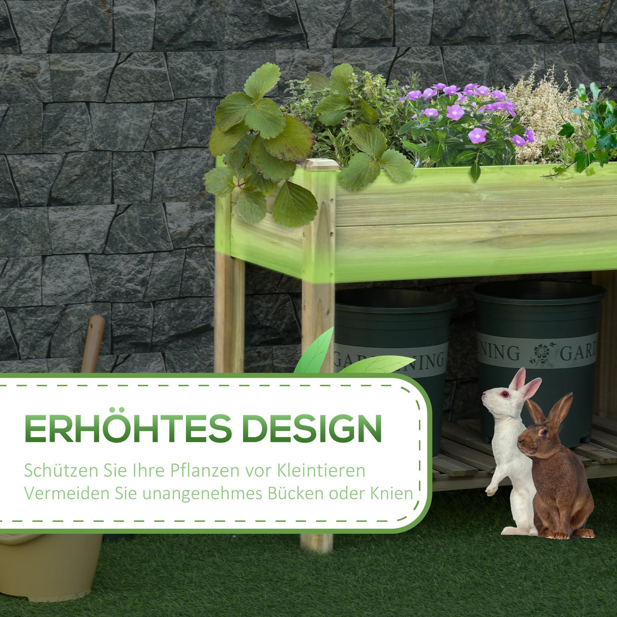 Raised Bed with Shelf & Drainage, Wooden, Green