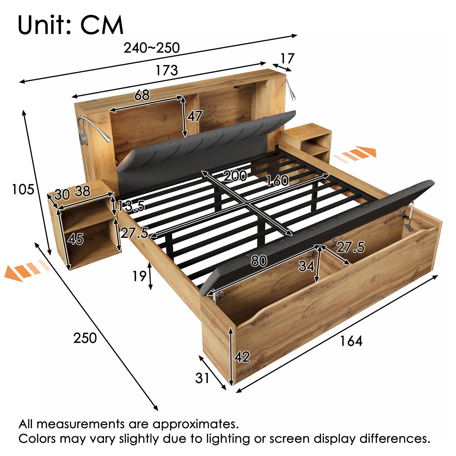 Double Bed with Mattress, Storage, Bedside Tables, Bench and USB Lamps, Oak Wood and Linen