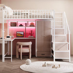 Metal Loft Bed 140 x 200 cm with Desk, Wardrobe, Storage Ladder and LED, White Metal Frame