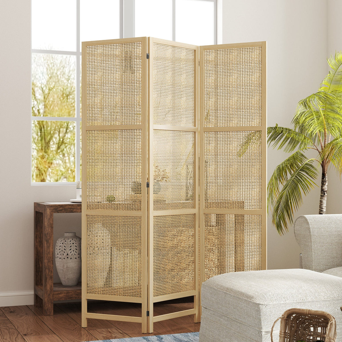 Folding Screen 3-Part Room Divider PP Rattan, Natural