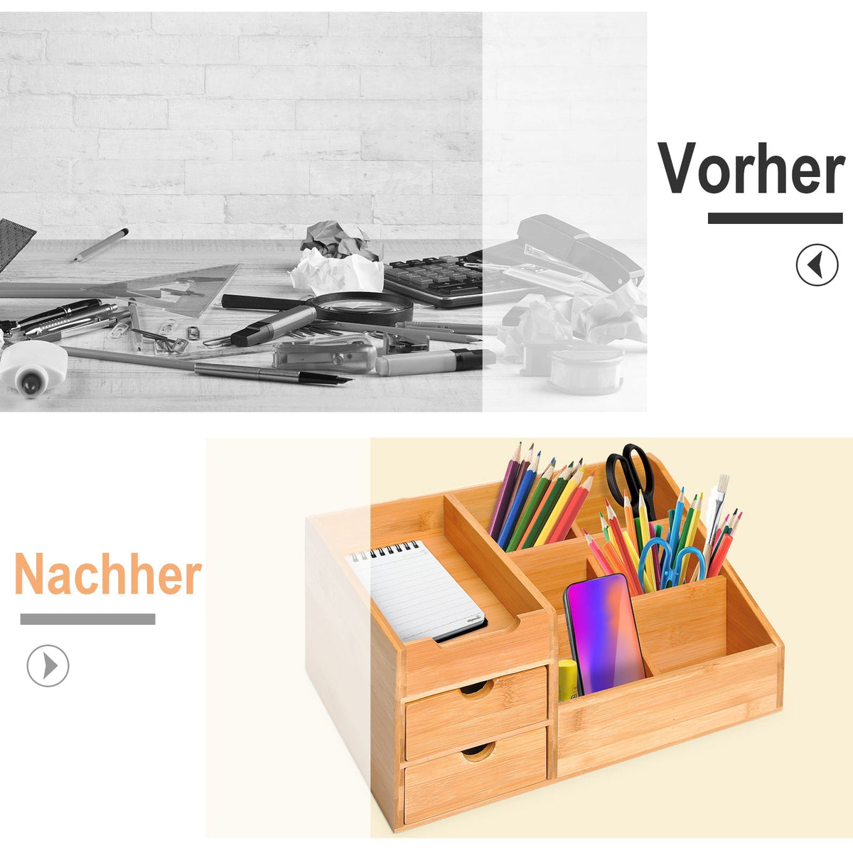 Desk organizer office storage box with 2 drawers, natural