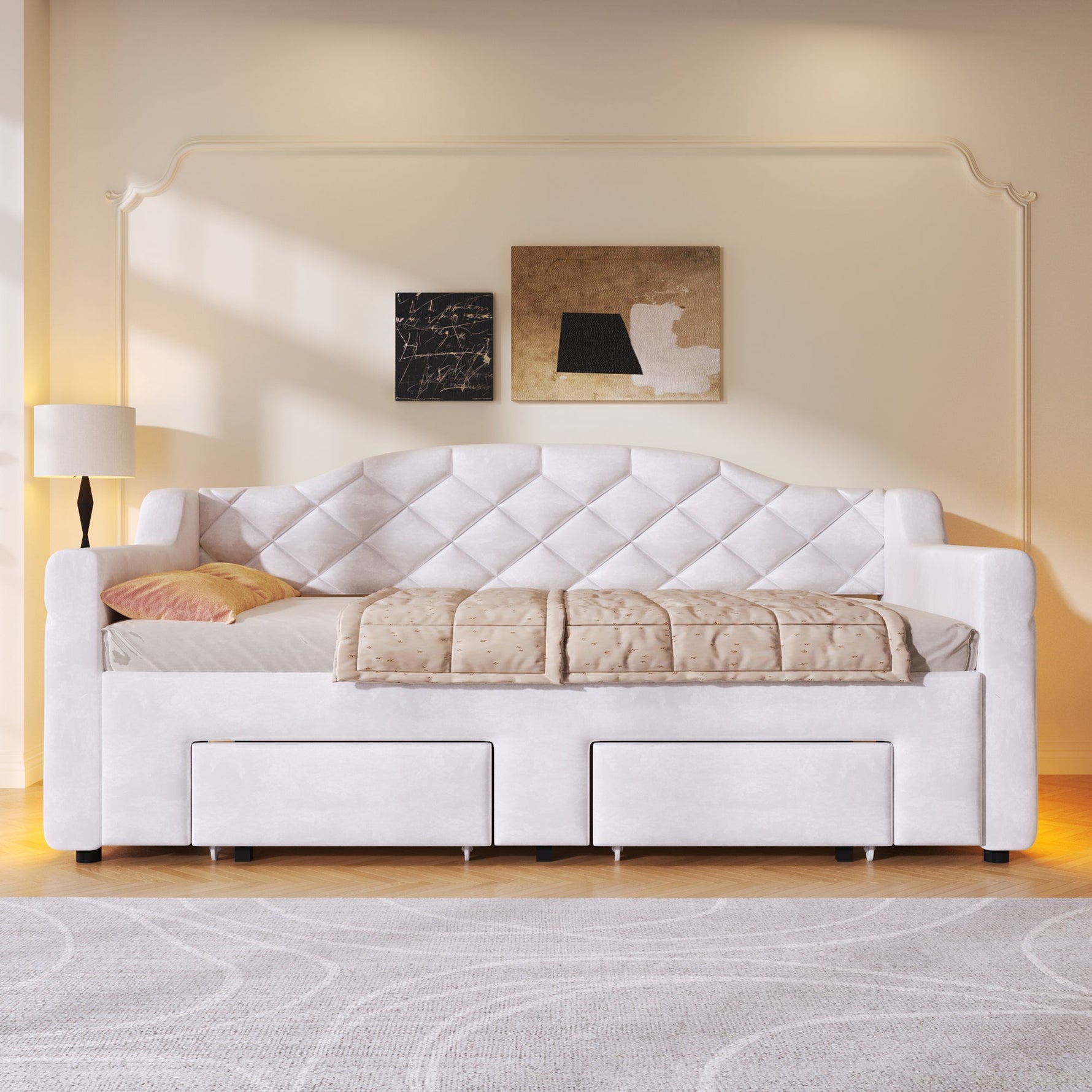 Upholstered Daybed with Two Drawers and LED Lighting, 90x200 to 180x200cm, White