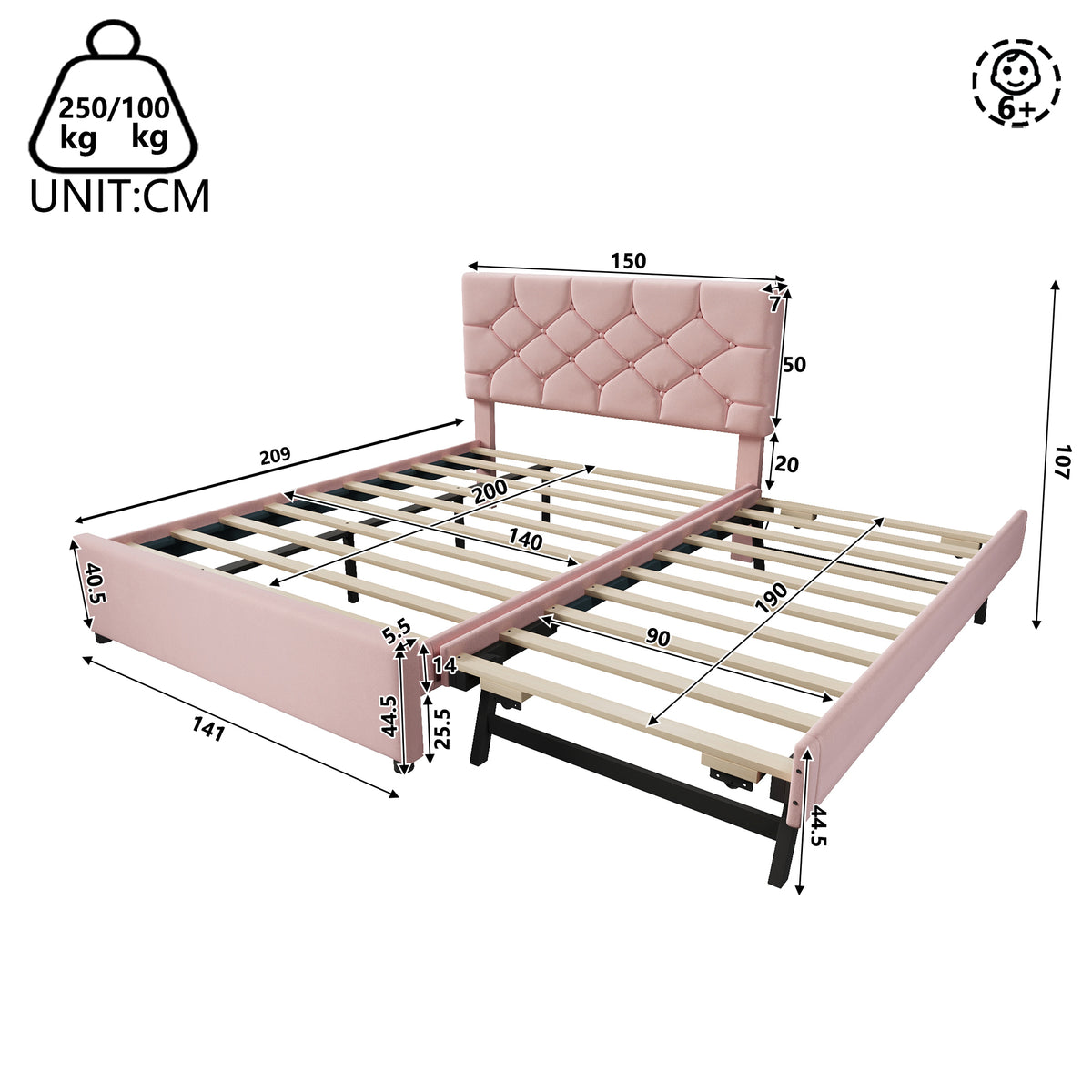 Upholstered Bed 140x200cm with Pull-Out Bed, Pink