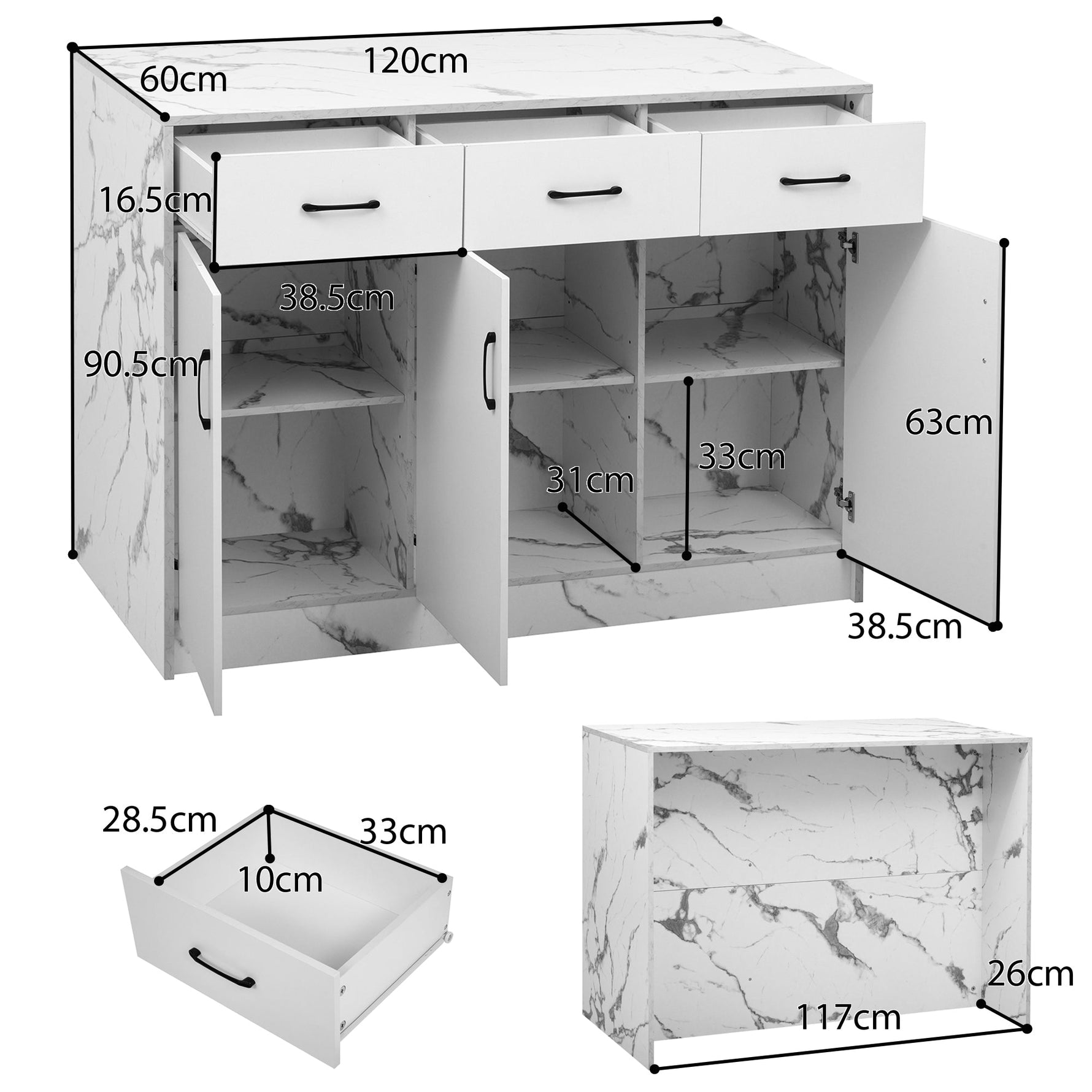 Large Kitchen Island 120x60cm 3 Drawers 3 Doors Adjustable Shelves - White Marble Design