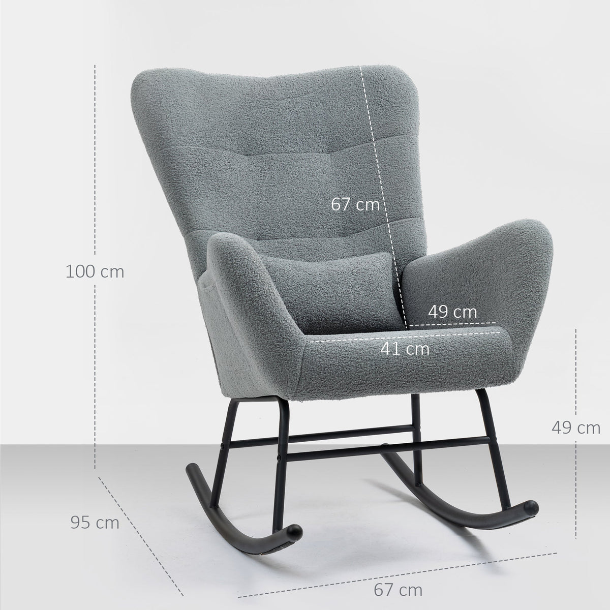Rocking Chair, Teddy Fabric, Wooden Base, Gray