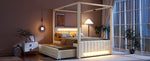 Upholstered Four-Poster Bed 140x200cm, 3 Drawers & LED, Beige