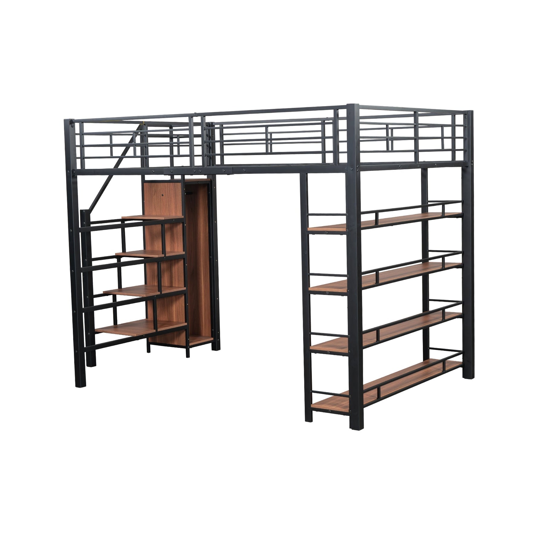 Loft Bed 140*200, Safety Stairs, Storage, Wardrobe, Shelves, Black