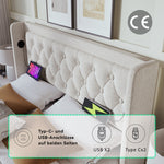 Upholstered Double Bed, Hydraulic Storage, LED, USB-C, Beige Cotton