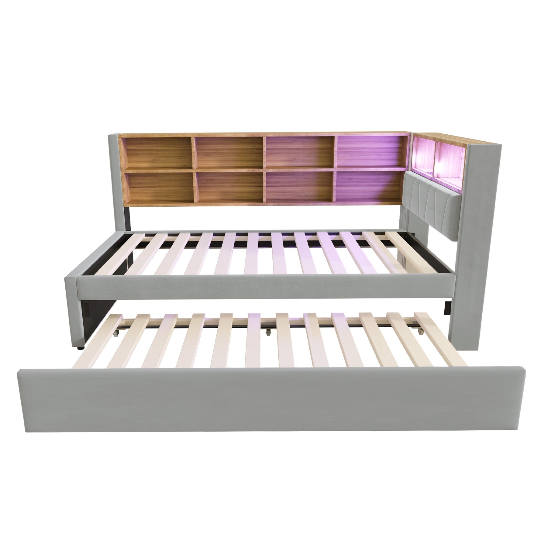 Sofa Bed 90*200, Pull-Out 90*190 with LED Lights, Sockets & Storage, Flannel Light Gray