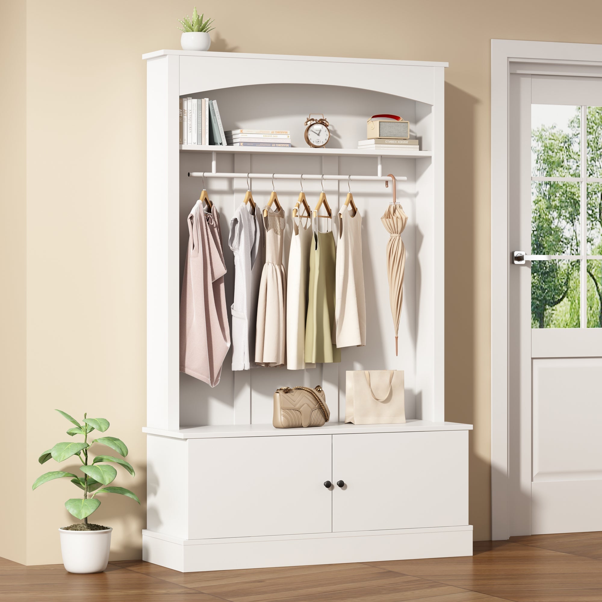 Entryway Cabinet Coat Rack Shoe Bench Storage Adjustable Shelves, White