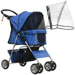 Dog Buggy, Foldable Rain Cover, Bottom Basket, 2 Cup Holders, Blue