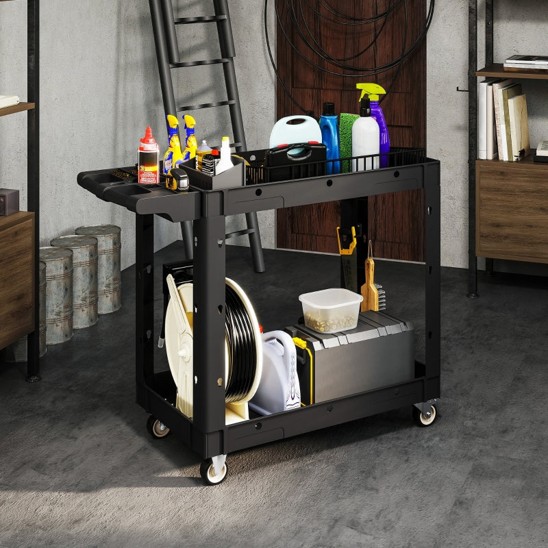 Workshop trolley, 2 levels, side handle, hook holes, 227 kg load capacity, black