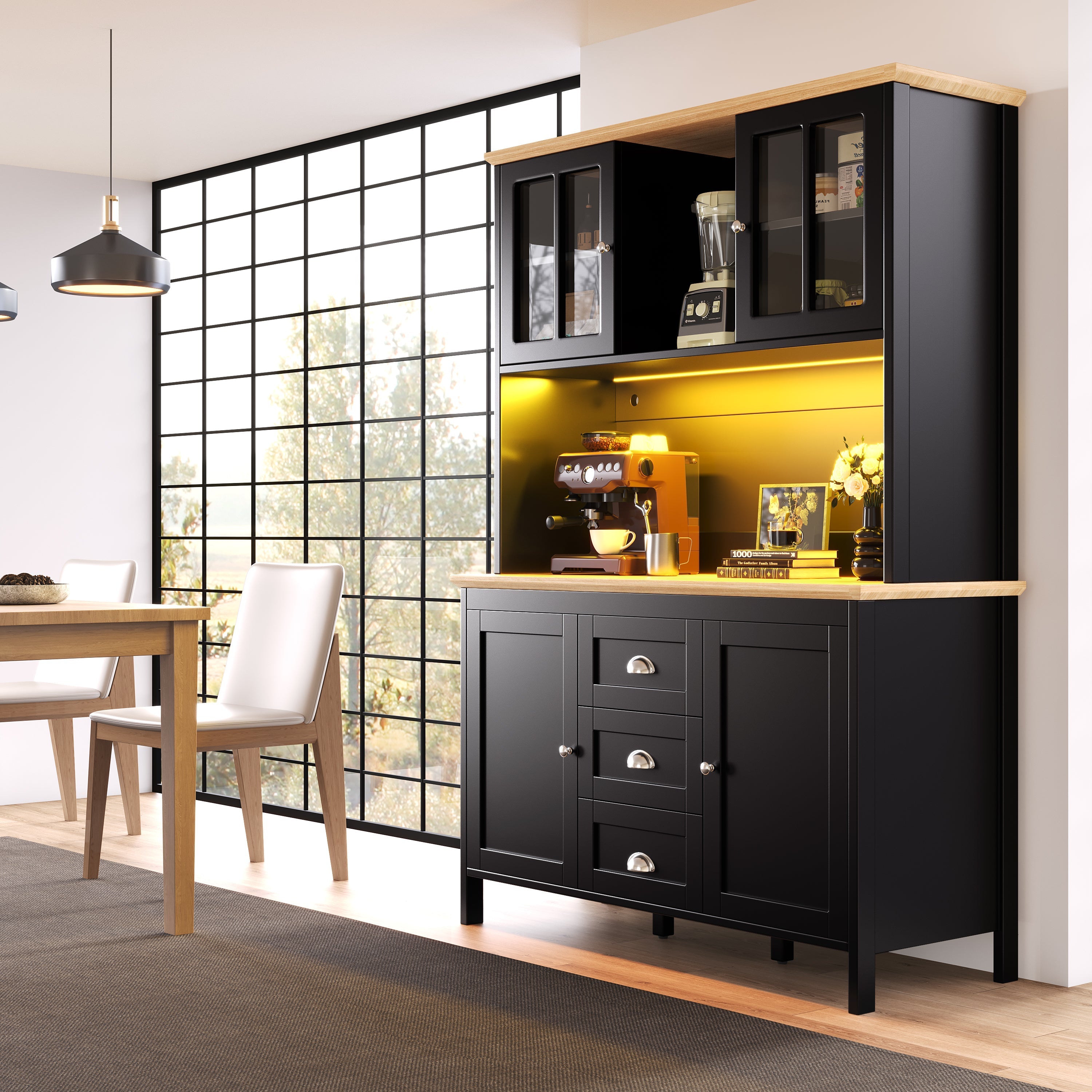 Tall Sideboard with LED Lighting, 4 Doors and 3 Drawers, White and Black