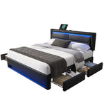 Upholstered Bed 140x190cm LED Light USB Charging 4 Storage Drawers Lychee PU Black