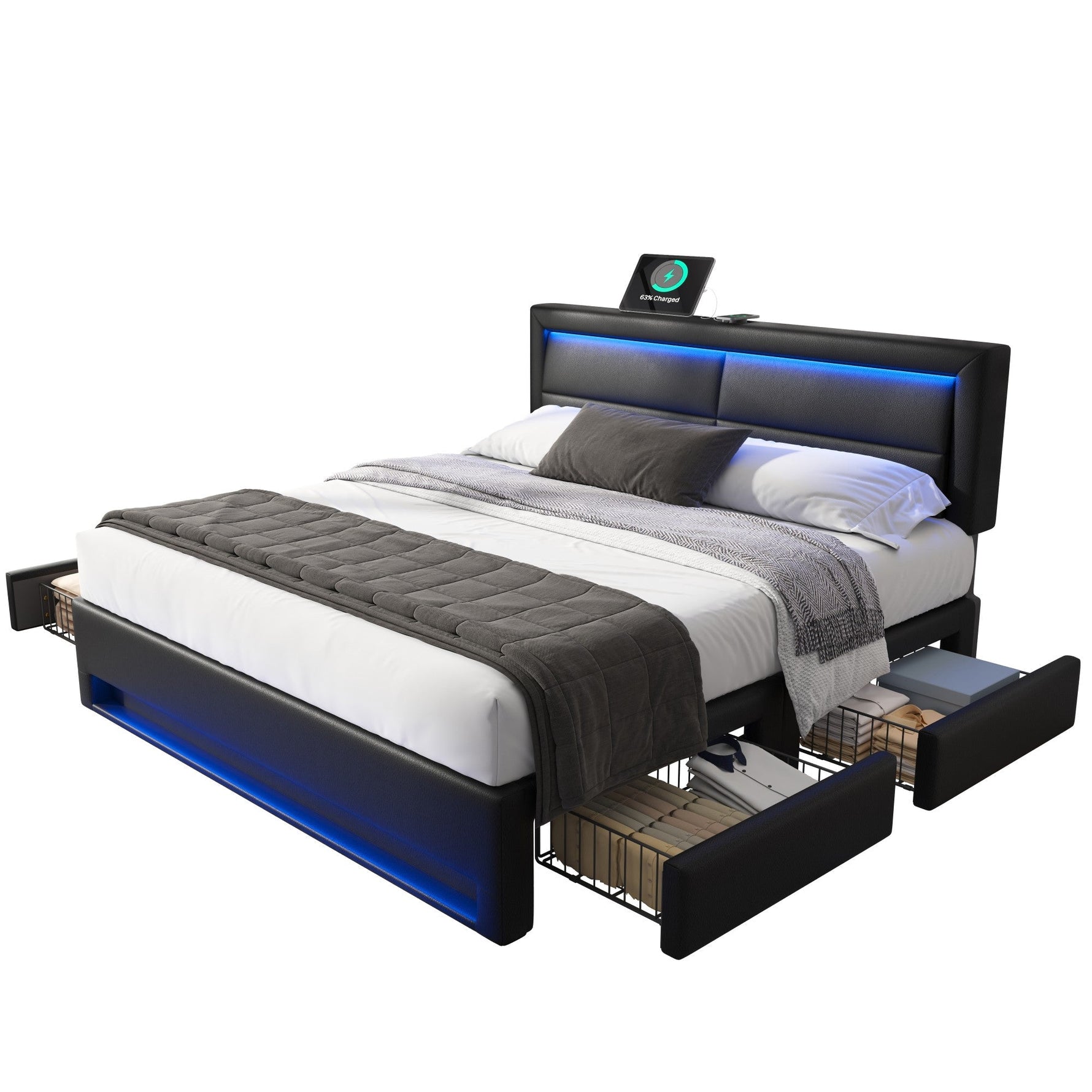 Upholstered Bed 140x190cm LED Light USB Charging 4 Storage Drawers Lychee PU Black
