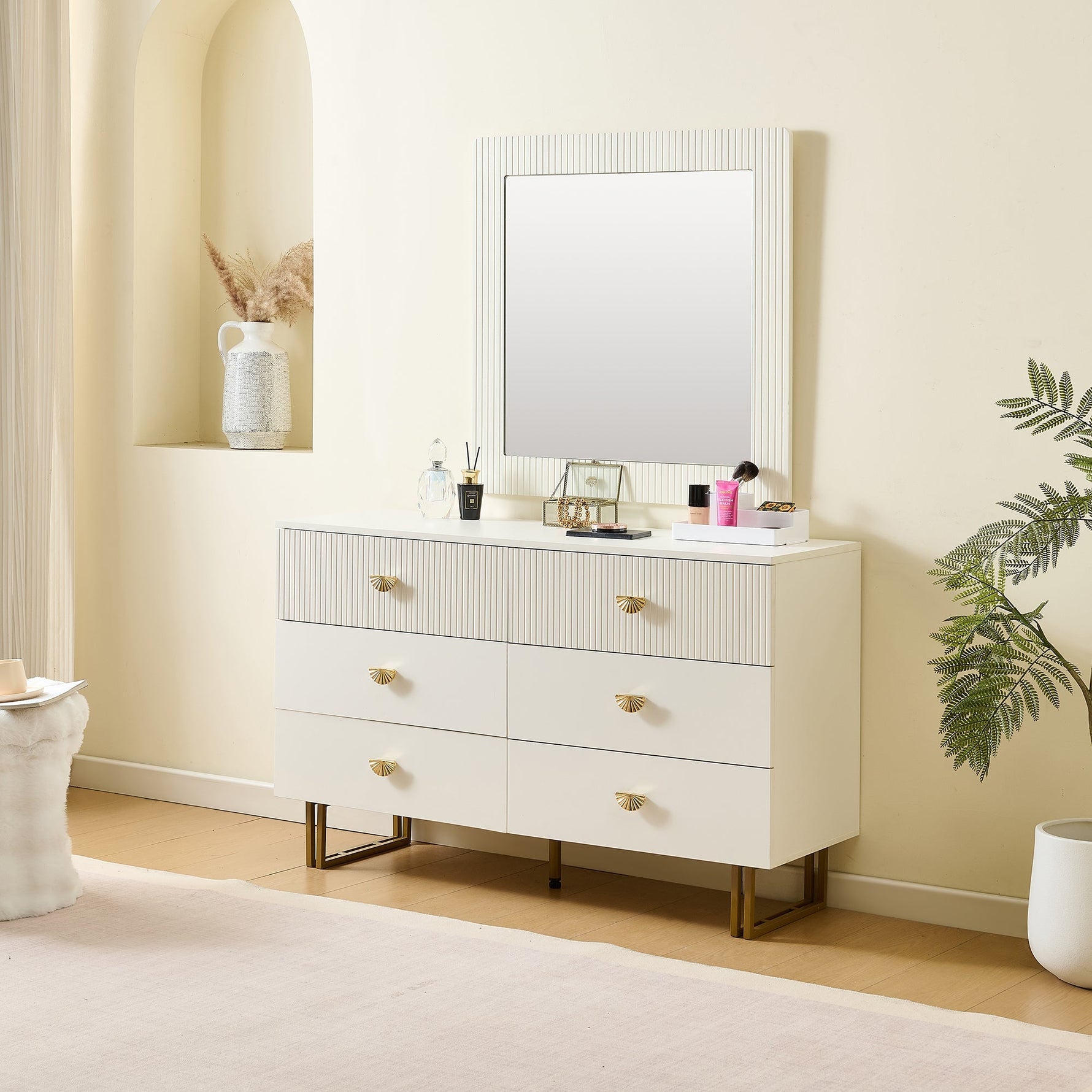 Modern Sideboard and Mirror Set, 6-Drawer Chest, White