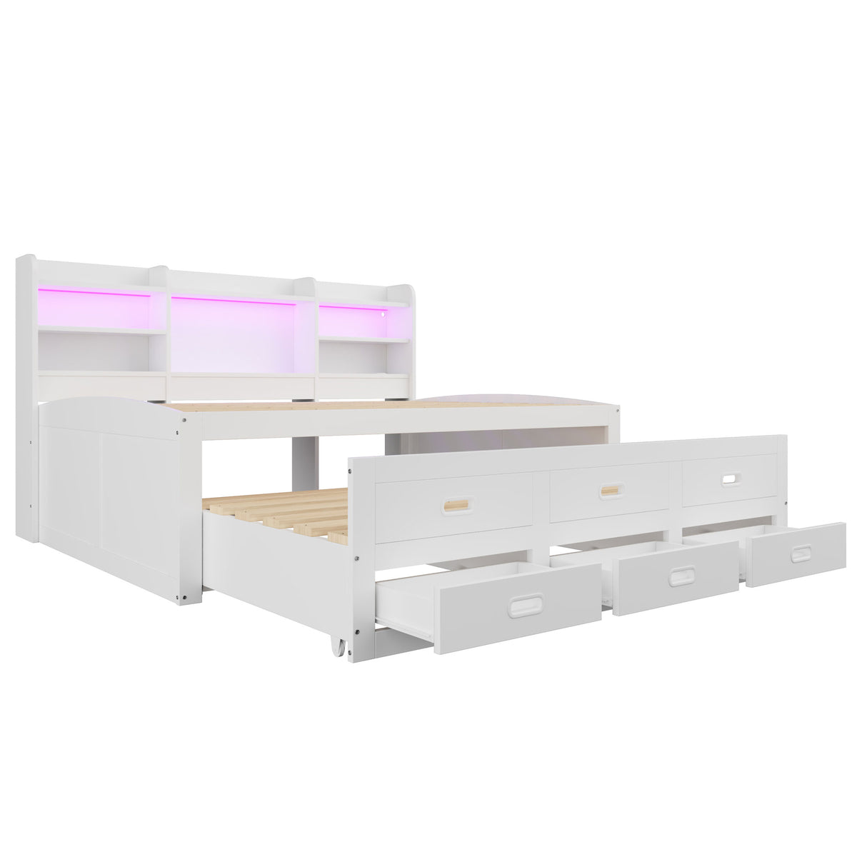 Sofa Bed 140x200cm with LED Lights & 3 Drawers, White