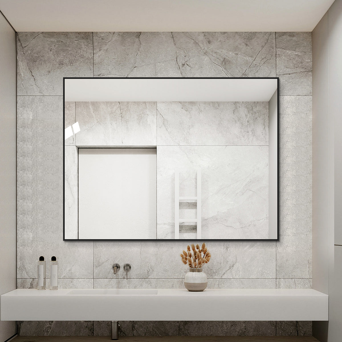 Bathroom Mirror 60x80 cm, HD Wall Mount, Black Aluminum Frame