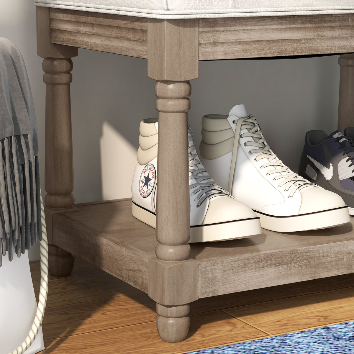 Shoe Bench, Padded Seat, Shoe Rack, Cream
