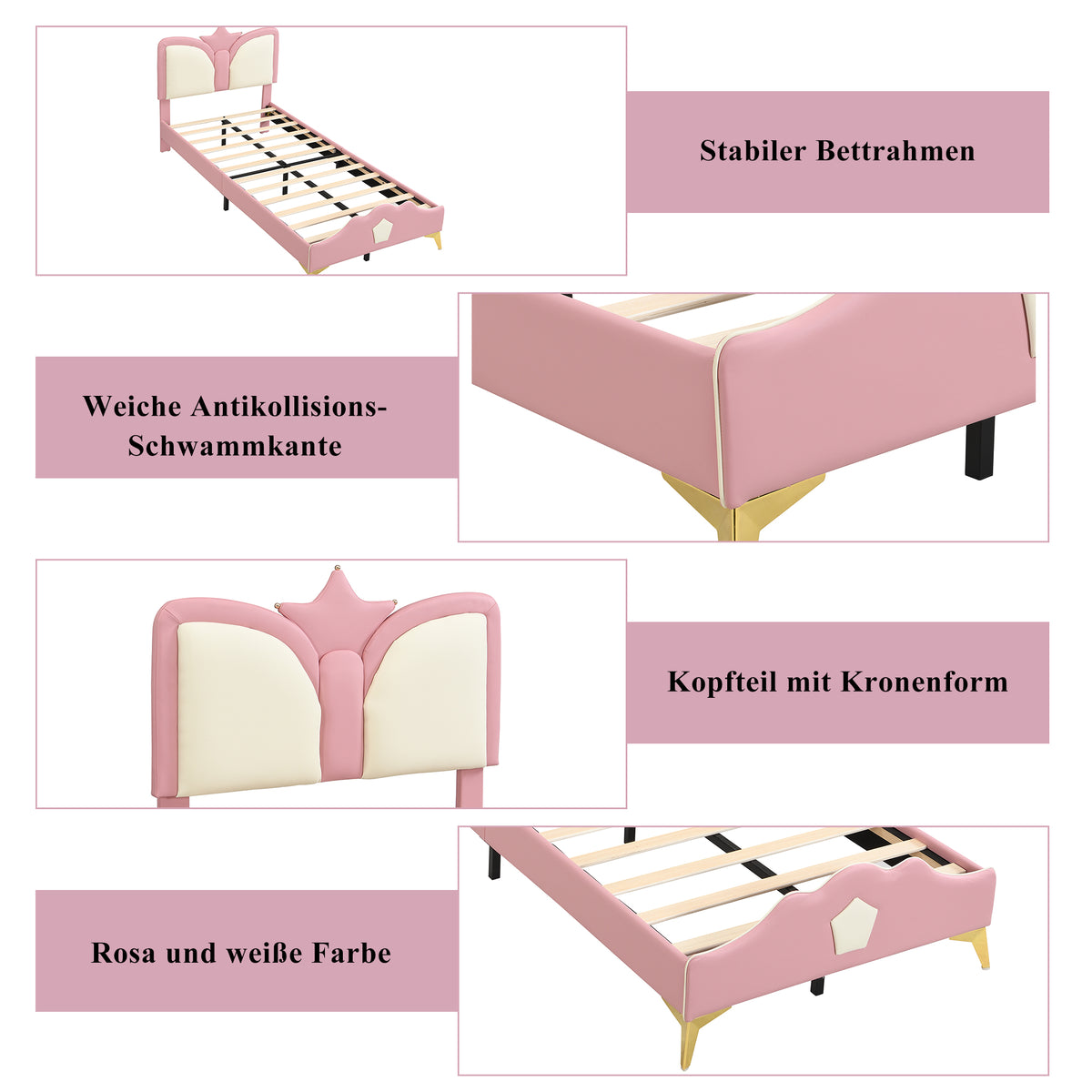 Kids Upholstered Bed 90x200cm Crown Headboard, Pink & White