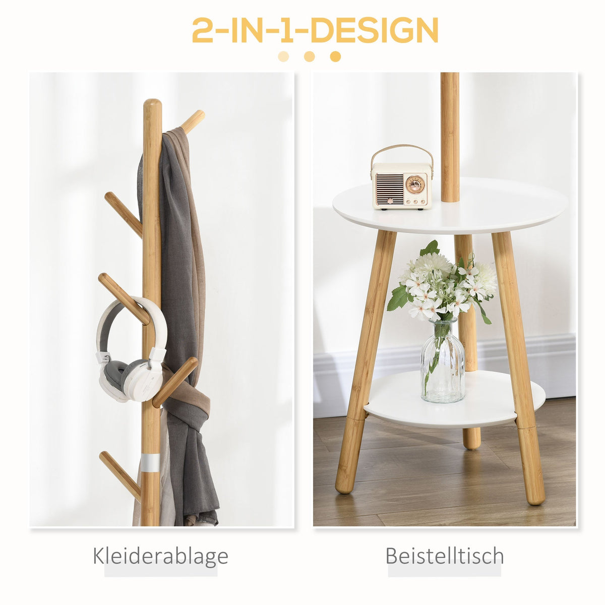 Coat Rack, 5 Hooks, Side Table, 171cm, Natural White