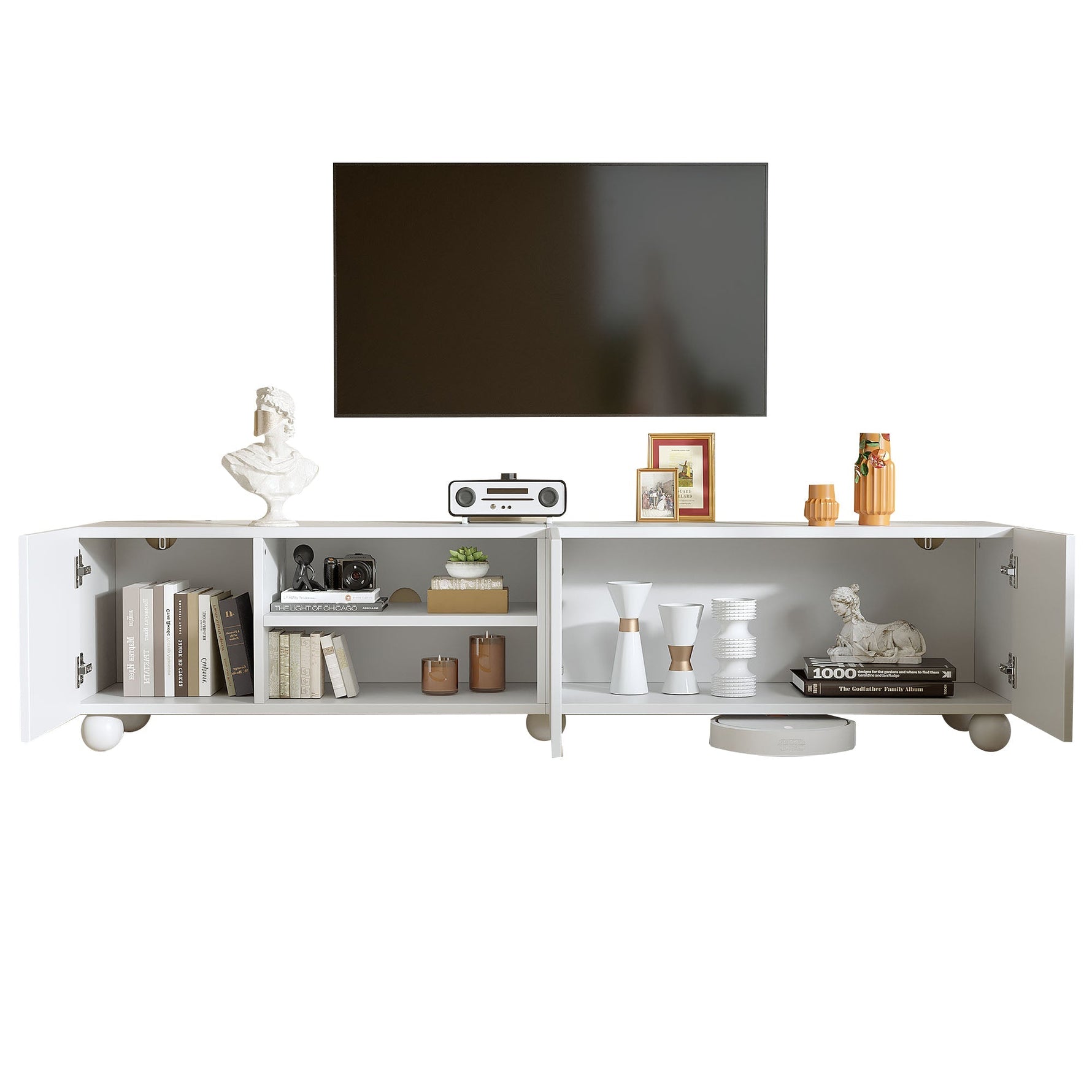 TV Cabinet Lowboard 200cm 3-Door Printed Design - White