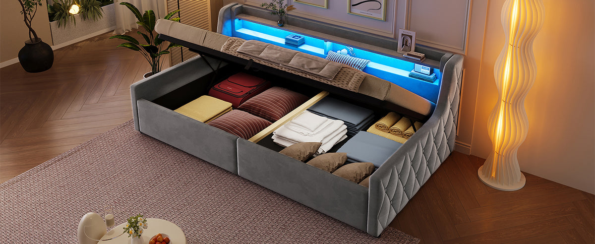 Platform Bed 90x200, Hydraulic Storage & LED, Grey Velvet