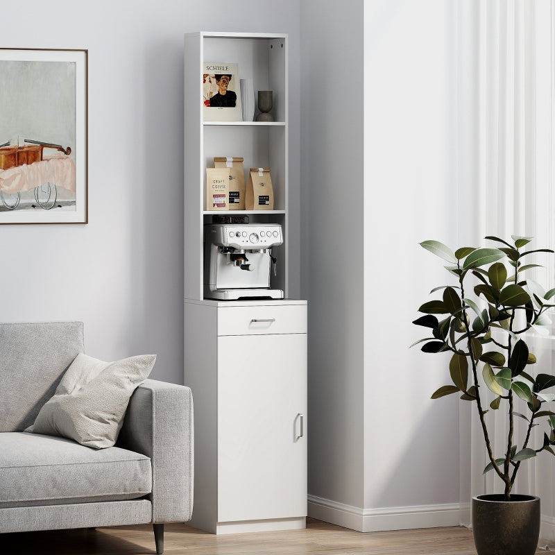 Tall Bathroom Cabinet, Drawer Door Adjustable Shelves, White