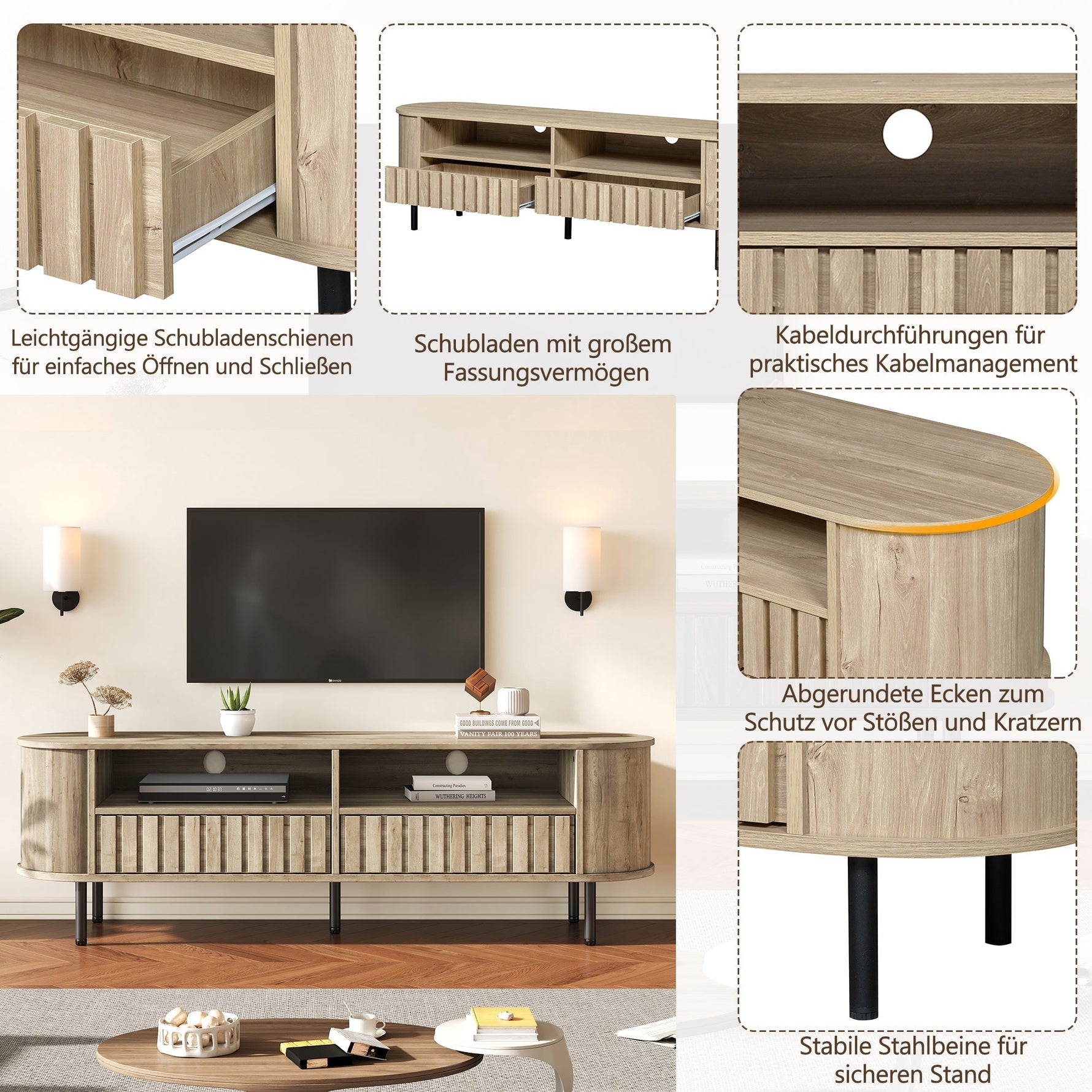TV Cabinet Lowboard 160cm 2 Doors 2 Drawers for 65 Inch - Natural Wood