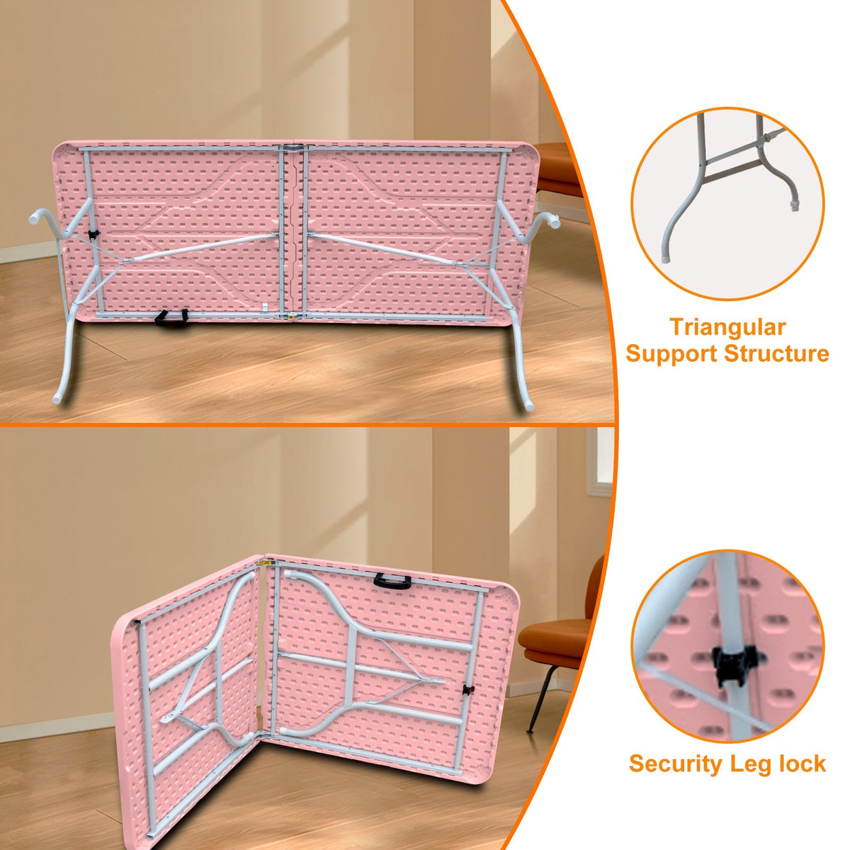 Folding Table 180cm, Heavy Duty Portable with Handle, Pink
