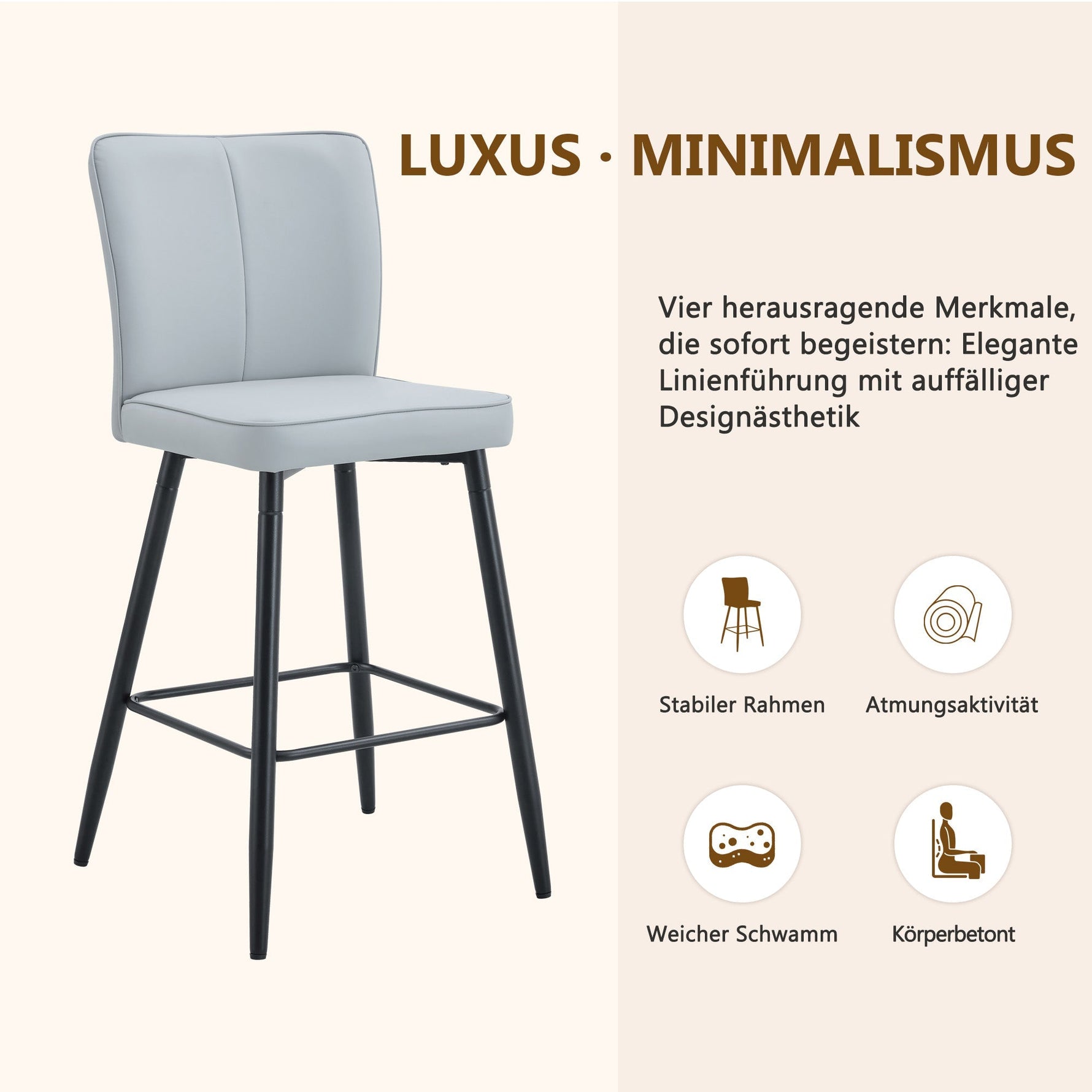 Bar Chair Set 2-Piece 101cm High Ergonomic Backrest - Light Grey PU