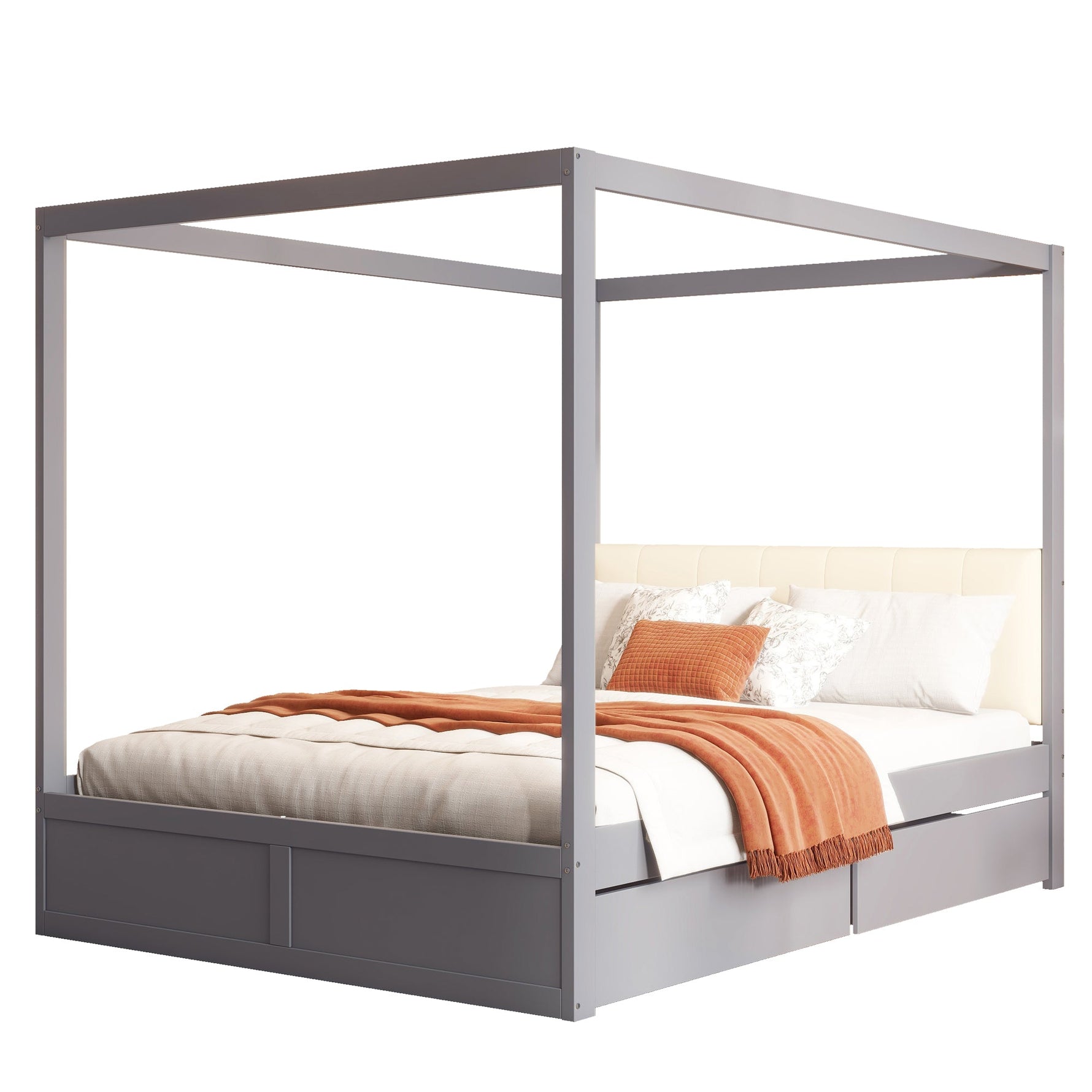 Canopy Bed 140x200 cm with Large Drawers & Soft Headboard, Wooden Grey