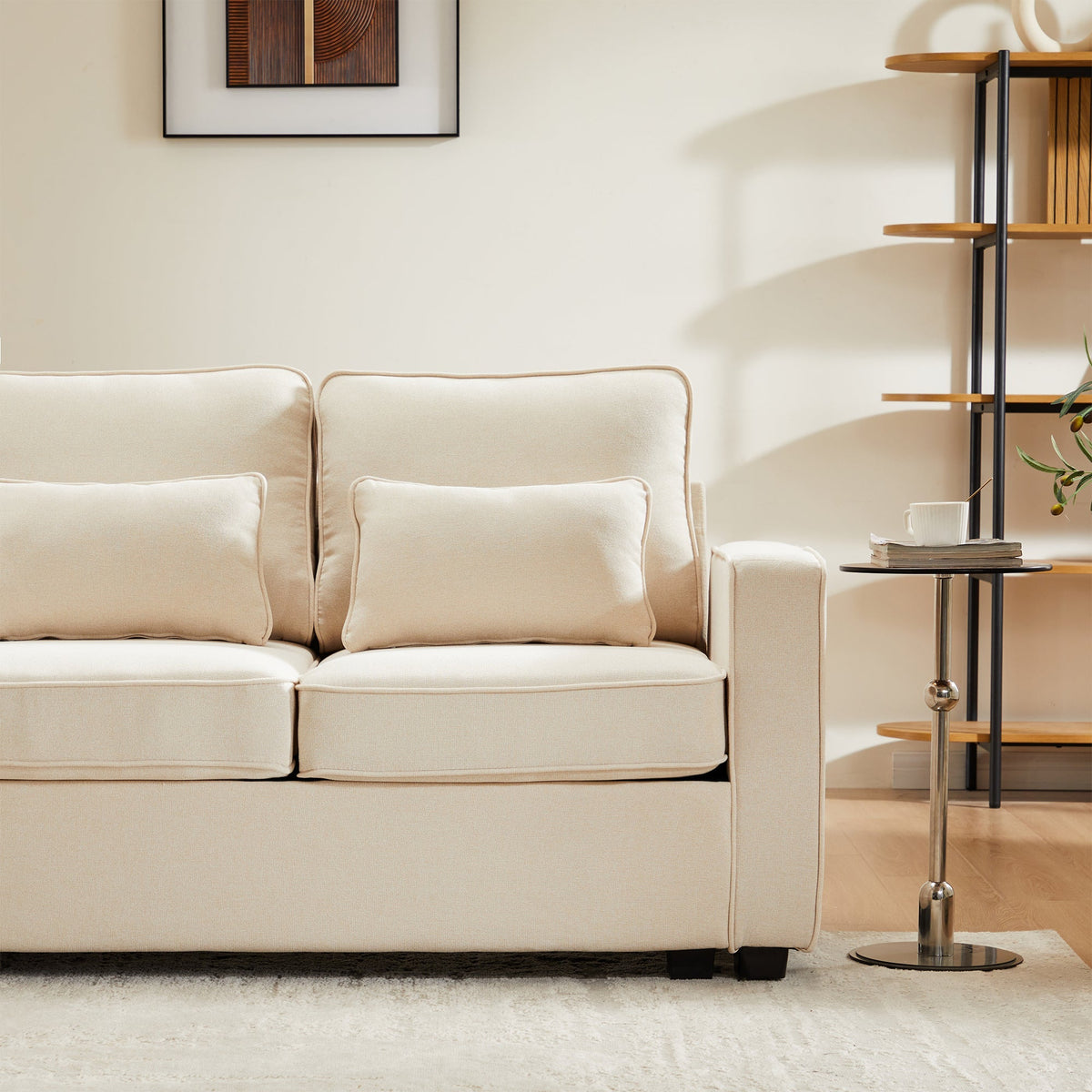 Sofa 4-Seater Linen Fabric with Armrest Pockets & 4 Cushions, Simple Style