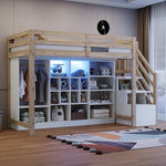 Loft Bed with Wardrobe, Storage Cabinets, LED and Side Ladder, 90x200cm, Wood Color
